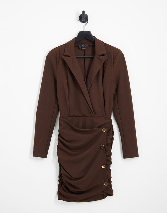 AX Paris blazer dress with button detail skirt in chocolate