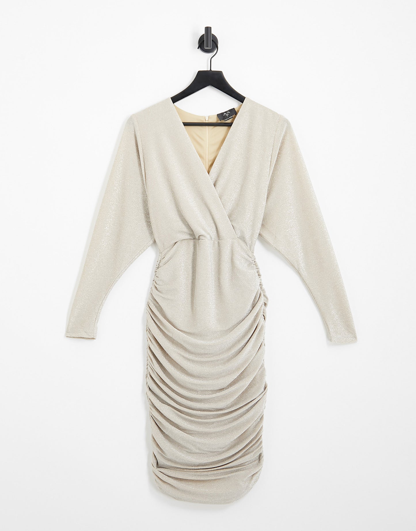 AX Paris plunge front ruched midi bodycon dress in light gold