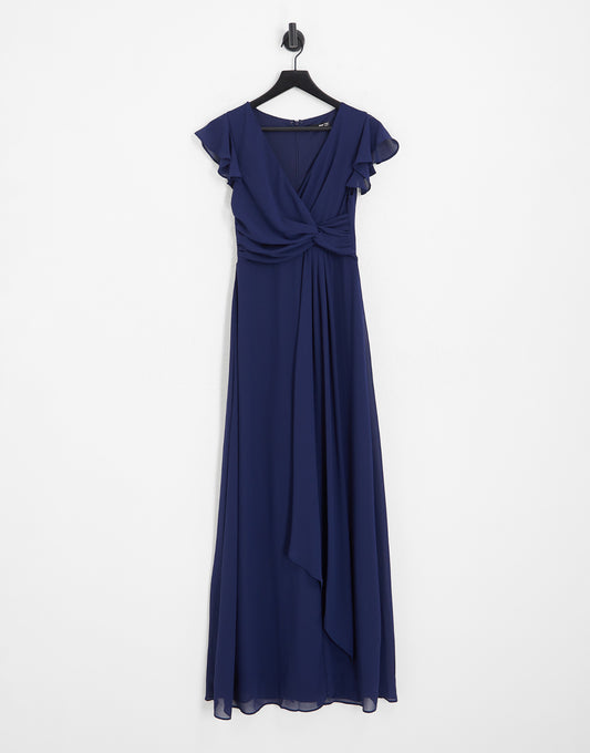 TFNC Petite Bridesmaid flutter sleeve ruffle detail maxi dress in navy