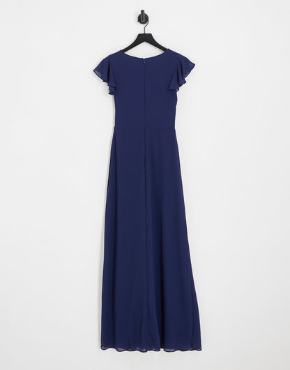 TFNC Petite Bridesmaid flutter sleeve ruffle detail maxi dress in navy