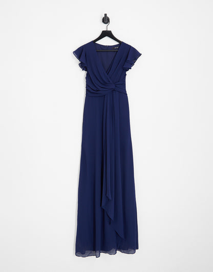 TFNC Tall Bridesmaid flutter sleeve ruffle detail maxi dress in navy