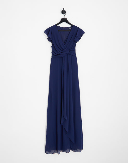 TFNC Tall Bridesmaid flutter sleeve ruffle detail maxi dress in navy