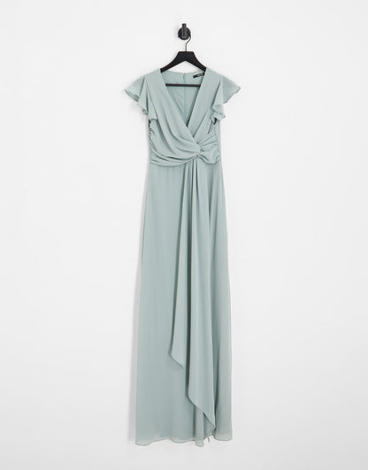 TFNC Tall Bridesmaid flutter sleeve ruffle detail maxi dress in sage