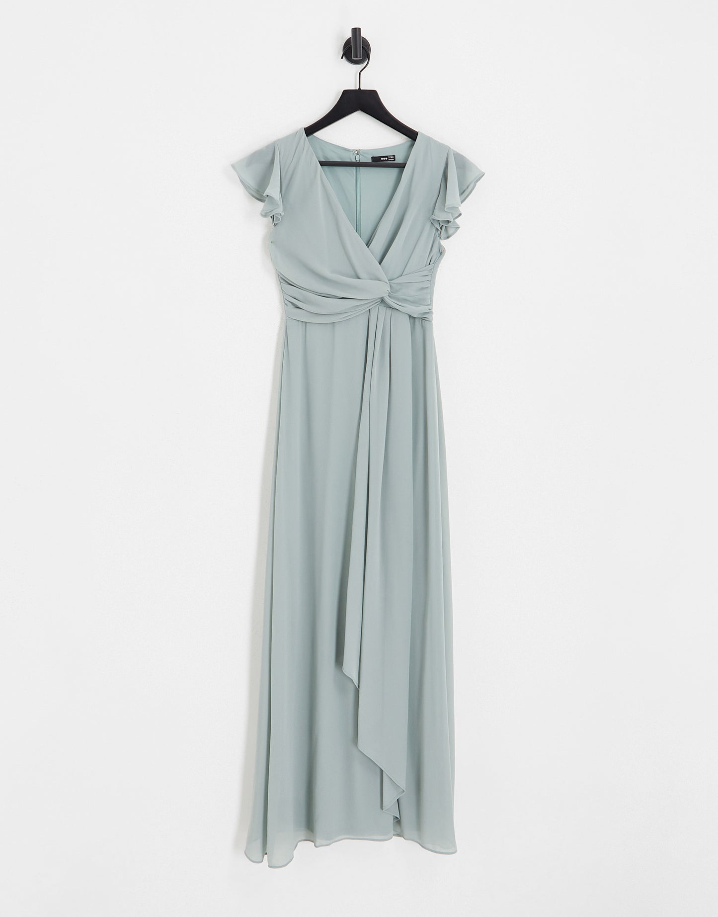 TFNC Petite Bridesmaid flutter sleeve ruffle detail maxi dress in sage