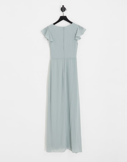 TFNC Petite Bridesmaid flutter sleeve ruffle detail maxi dress in sage