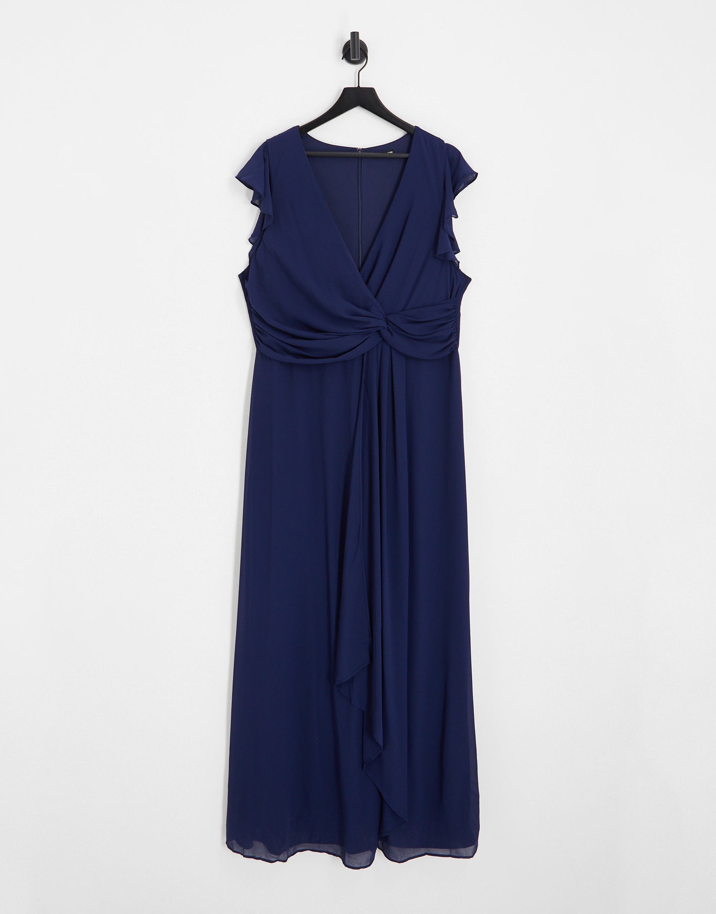 TFNC Plus Bridesmaid flutter sleeve ruffle detail maxi dress in navy