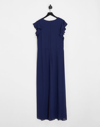 TFNC Plus Bridesmaid flutter sleeve ruffle detail maxi dress in navy