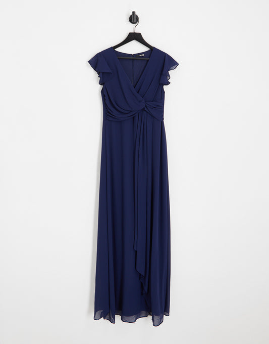 TFNC Maternity Bridesmaid flutter sleeve ruffle detail maxi dress in navy