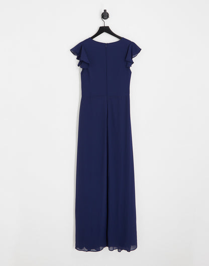 TFNC Maternity Bridesmaid flutter sleeve ruffle detail maxi dress in navy