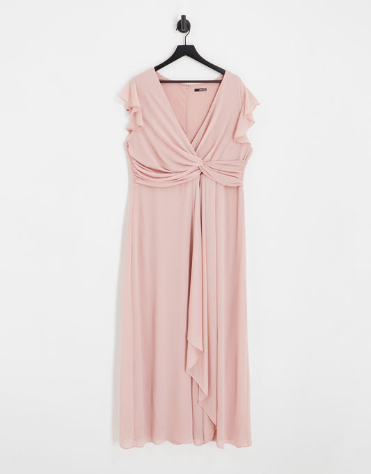 TFNC Plus Bridesmaid flutter sleeve ruffle detail maxi dress in blush