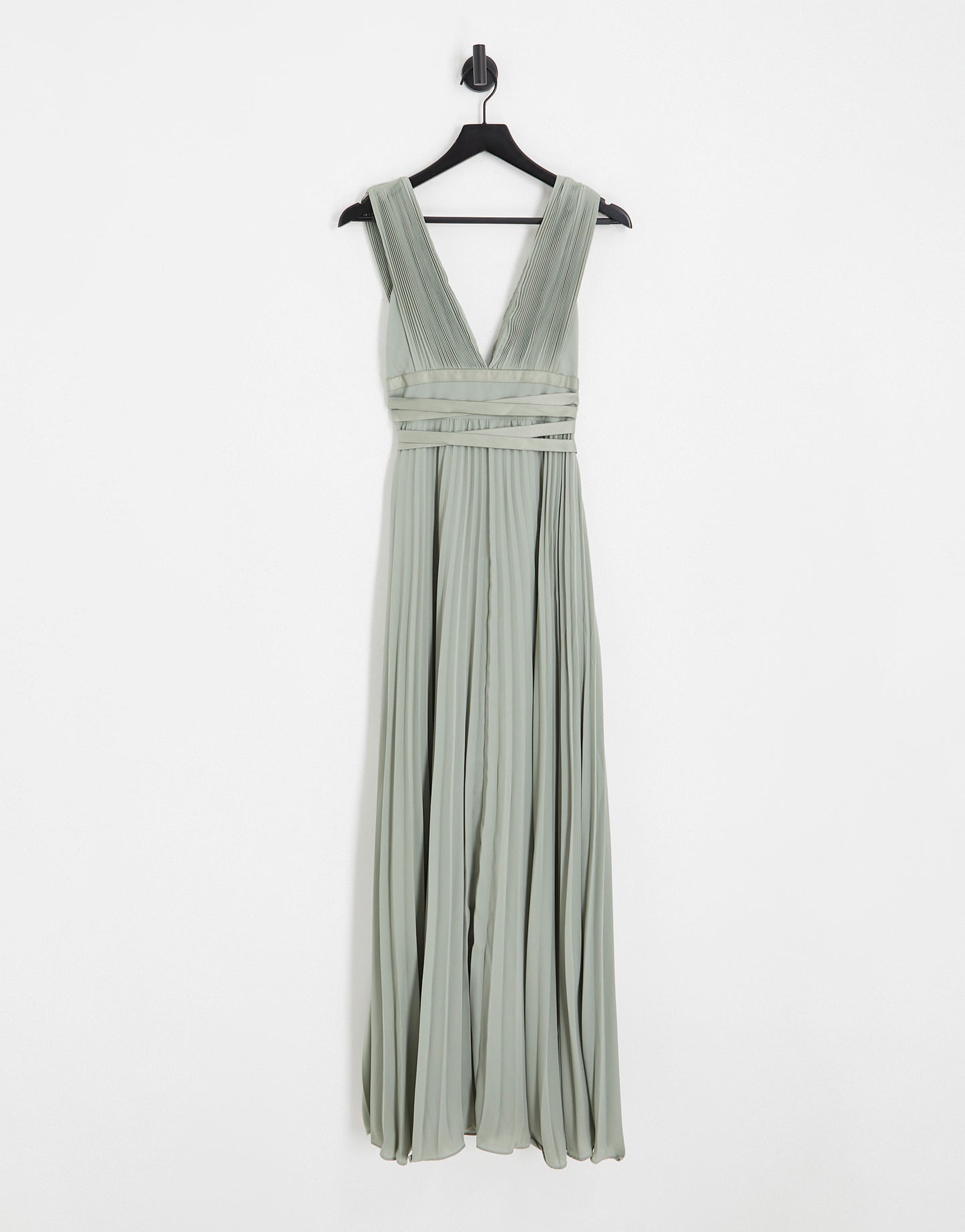 ASOS DESIGN Bridesmaid pleated cami maxi dress with satin wrap waist in olive