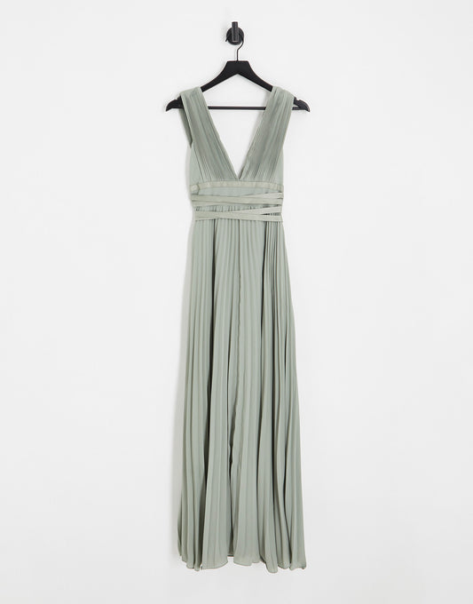 ASOS DESIGN Bridesmaid pleated cami maxi dress with satin wrap waist in olive