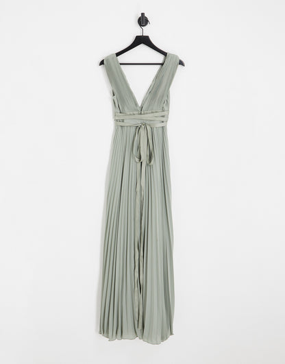 ASOS DESIGN Bridesmaid pleated cami maxi dress with satin wrap waist in olive