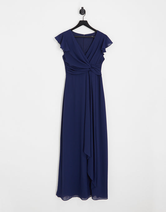 TFNC Bridesmaid flutter sleeve ruffle detail maxi dress in navy