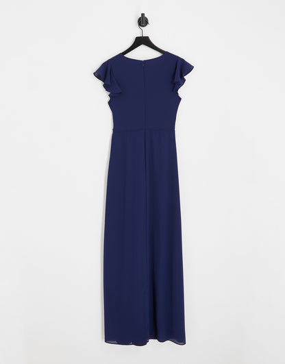 TFNC Bridesmaid flutter sleeve ruffle detail maxi dress in navy