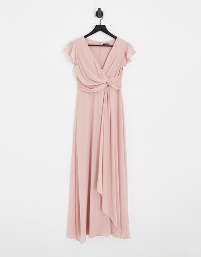 TFNC Petite Bridesmaid flutter sleeve ruffle detail maxi dress in blush