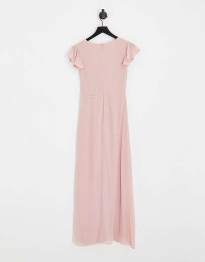 TFNC Petite Bridesmaid flutter sleeve ruffle detail maxi dress in blush