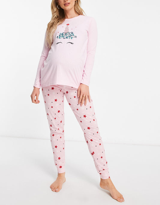 Threadbare Maternity long starry pyjamas in pink and red