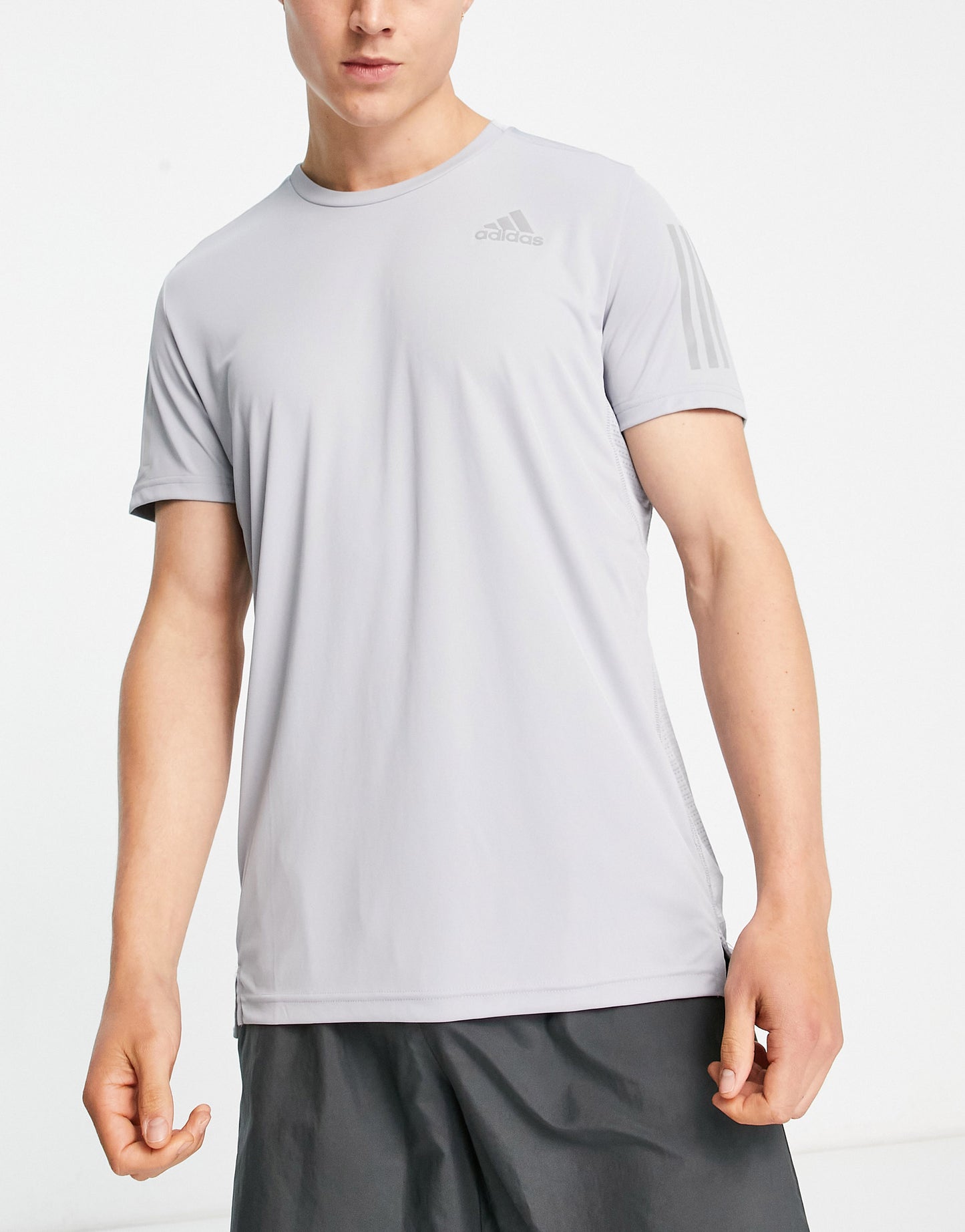 adidas Running Own The Run 3 stripe sleeve t-shirt in grey