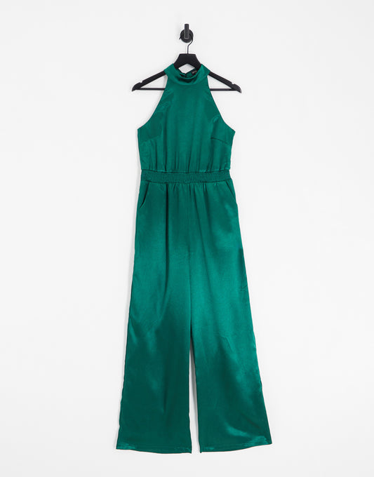 Little Mistress Tall high neck satin jumpsuit in emerald green