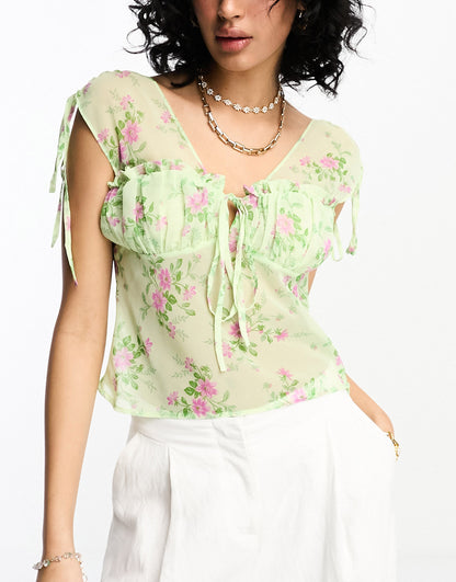 ASOS DESIGN soft corset with ruched bust in sage & purple floral print