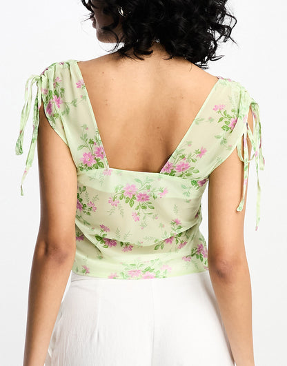 ASOS DESIGN soft corset with ruched bust in sage & purple floral print