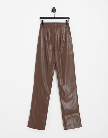 Heartbreak Tall PU wide leg trousers in chocolate brown