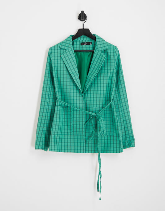 Heartbreak Tall tie belt blazer co-ord in green check