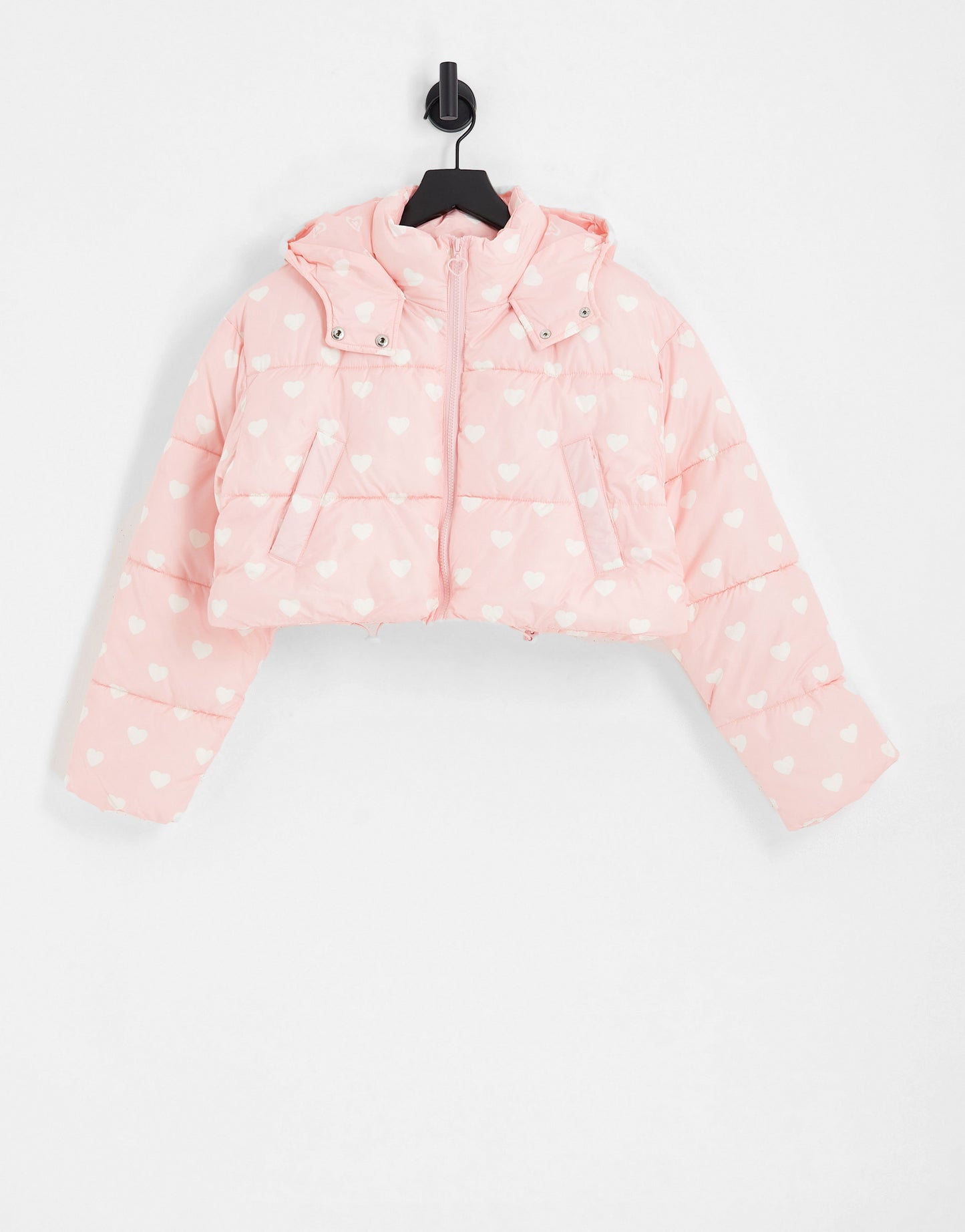 Miss Selfridge heart print crop hooded puffer jacket in pink