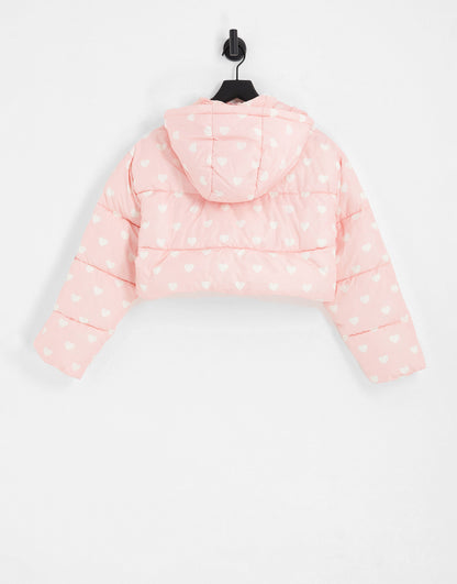 Miss Selfridge heart print crop hooded puffer jacket in pink