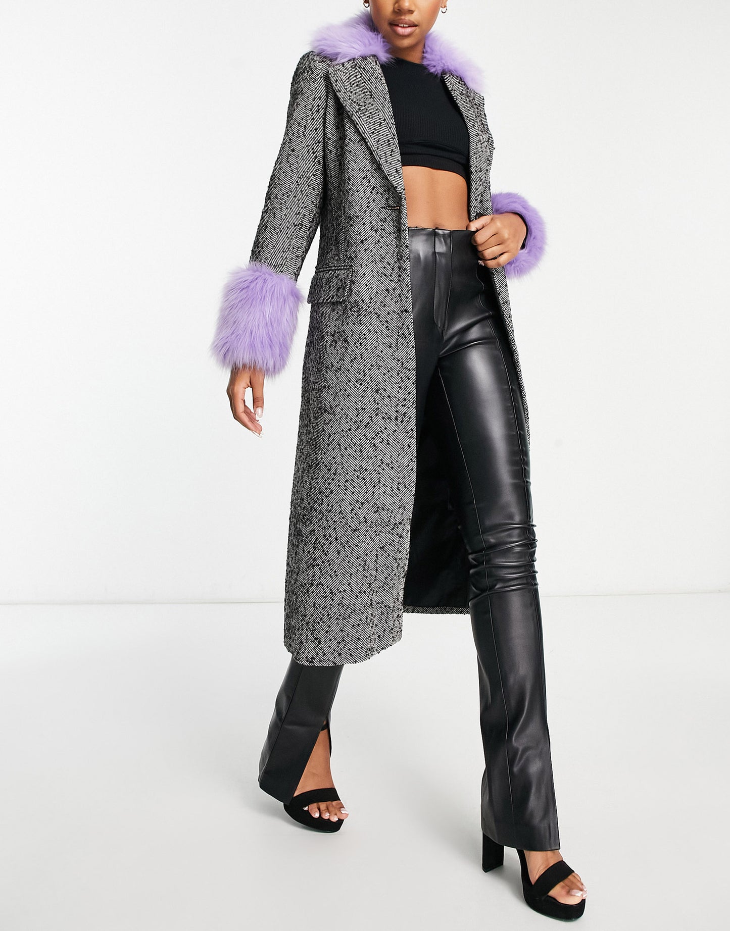 Miss Selfridge faux fur collar and shoulder herringone longline coat