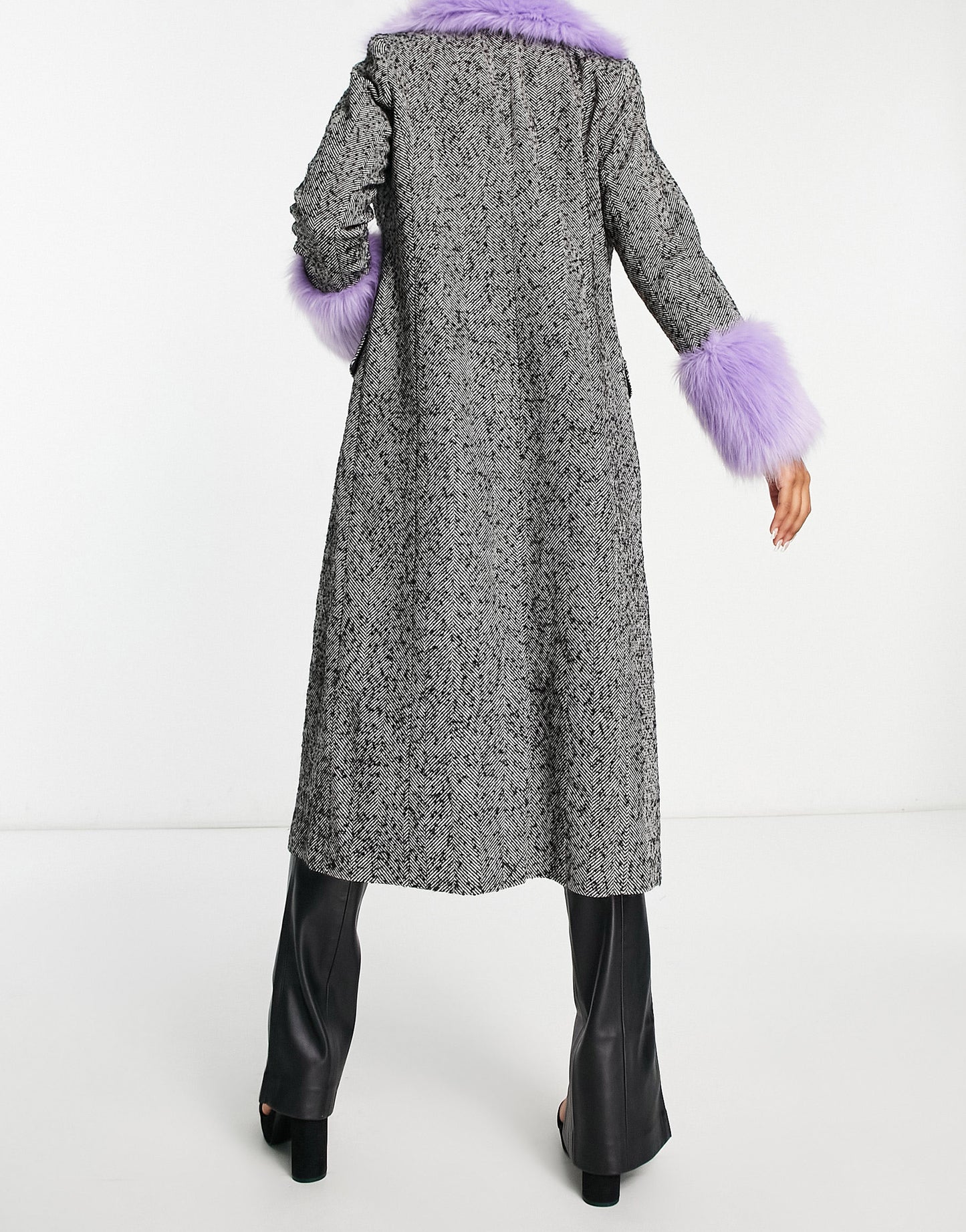 Miss Selfridge faux fur collar and shoulder herringone longline coat