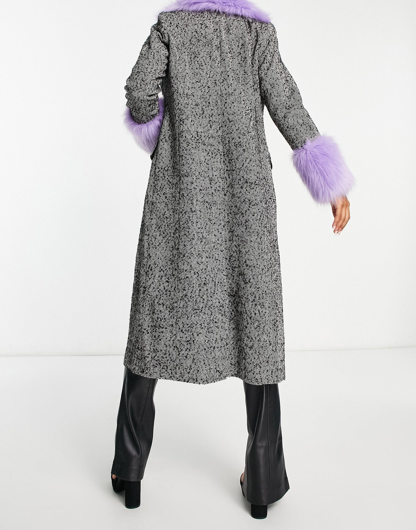 Miss Selfridge faux fur collar and shoulder herringone longline coat