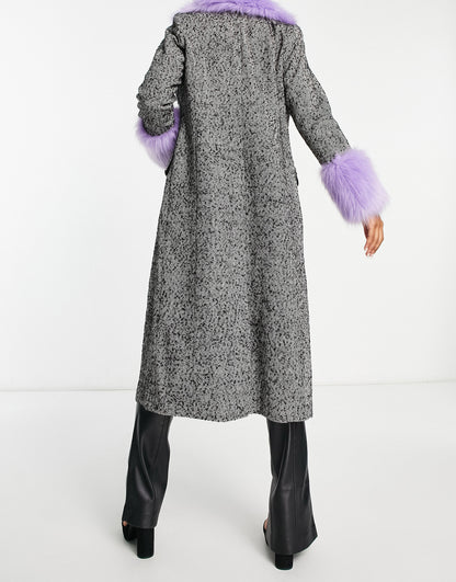 Miss Selfridge faux fur collar and shoulder herringone longline coat