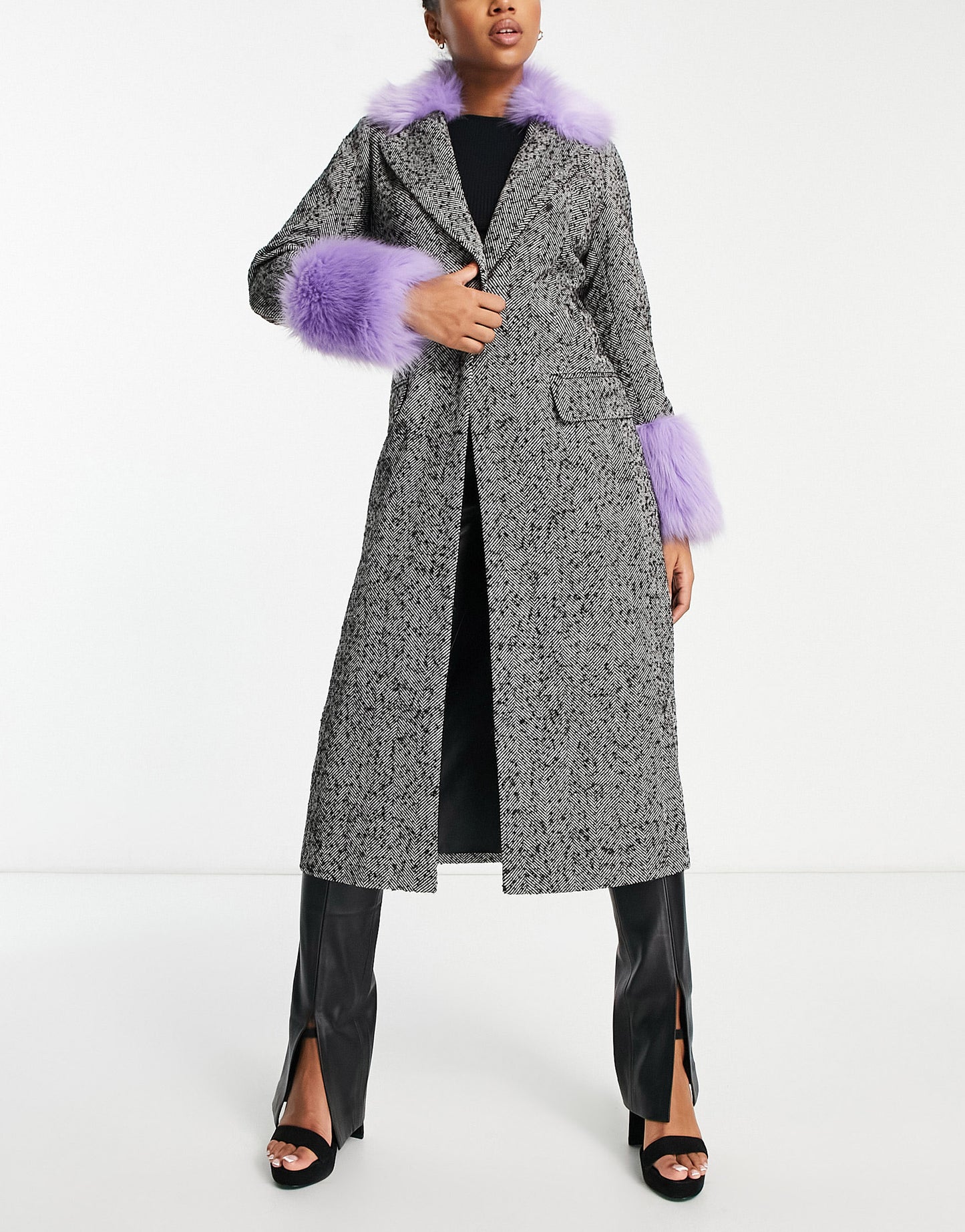 Miss Selfridge faux fur collar and shoulder herringone longline coat