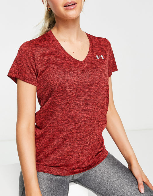 Under Armour Tech v neck t-shirt in burgundy marl