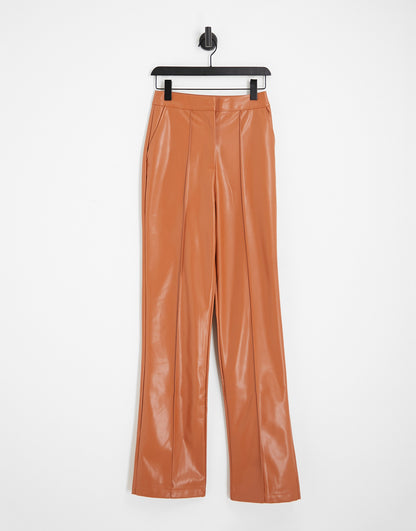 ASOS DESIGN Tall leather look straight trouser in rust brown