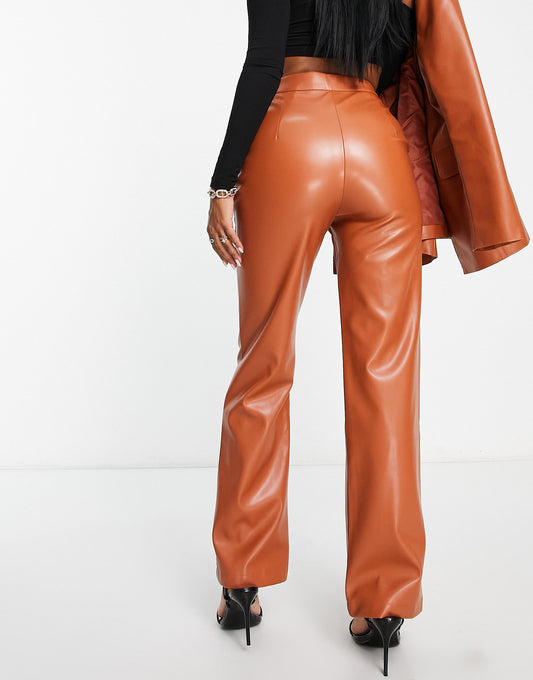 ASOS DESIGN Hourglass leather look straight trouser in rust brown