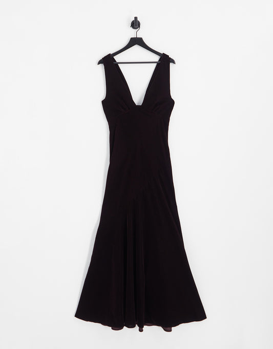 ASOS DESIGN Bridesmaid velvet ruched bodice maxi with drape cowl back in wine