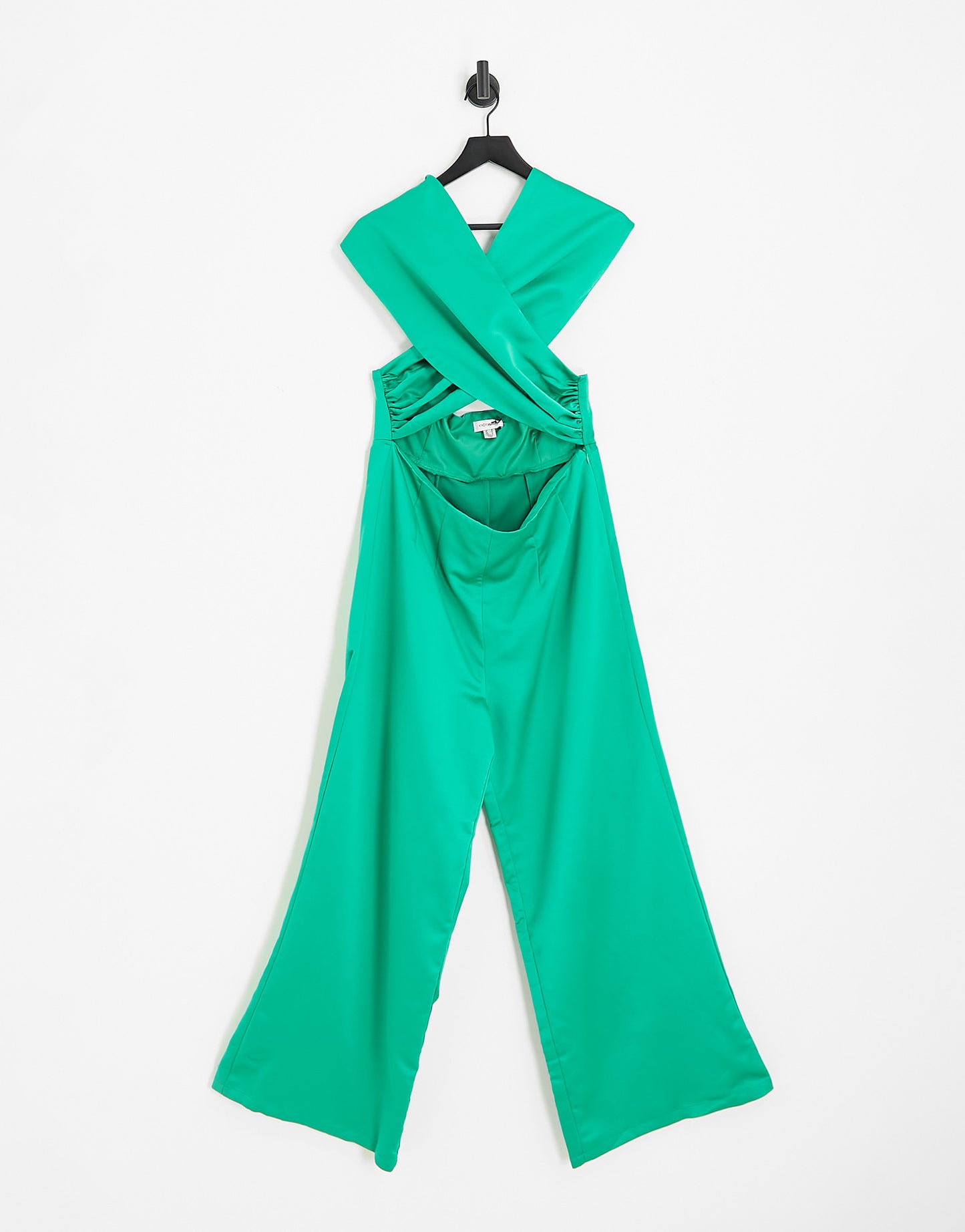 Extro & Vert Plus halter neck jumpsuit with palazzo pants in emerald satin