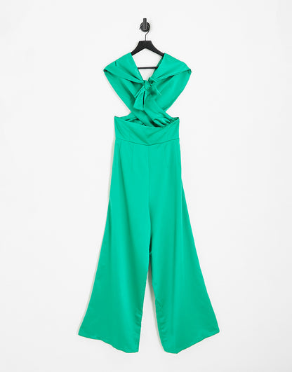 Extro & Vert Plus halter neck jumpsuit with palazzo pants in emerald satin