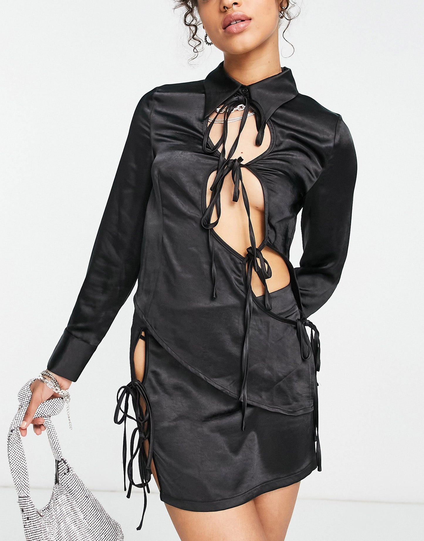 COLLUSION satin cut out tie front shirt co-ord in black