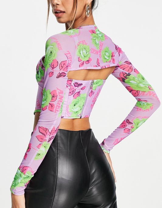 ASYOU corset top with detachable mesh sleeve in floral print