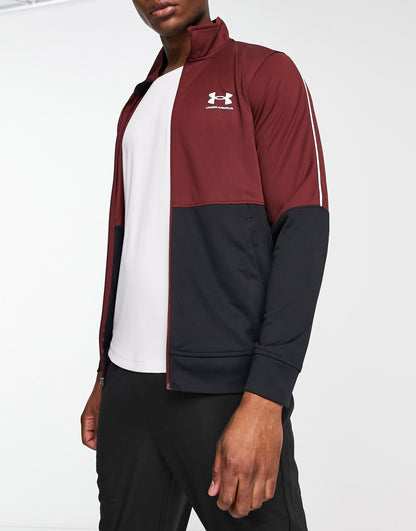 Under Armour Training pique track jacket in black and burgundy colourblock