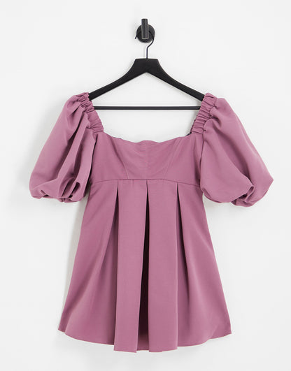 ASOS DESIGN petite structured prom mini dress with curved neckline detail in mauve