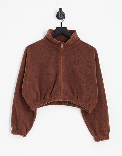 HIIT crop zip through in fleece in brown