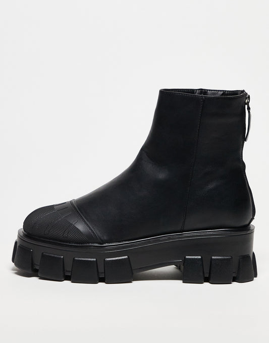 Truffle Collection pull on chunky calf boots in black faux leather