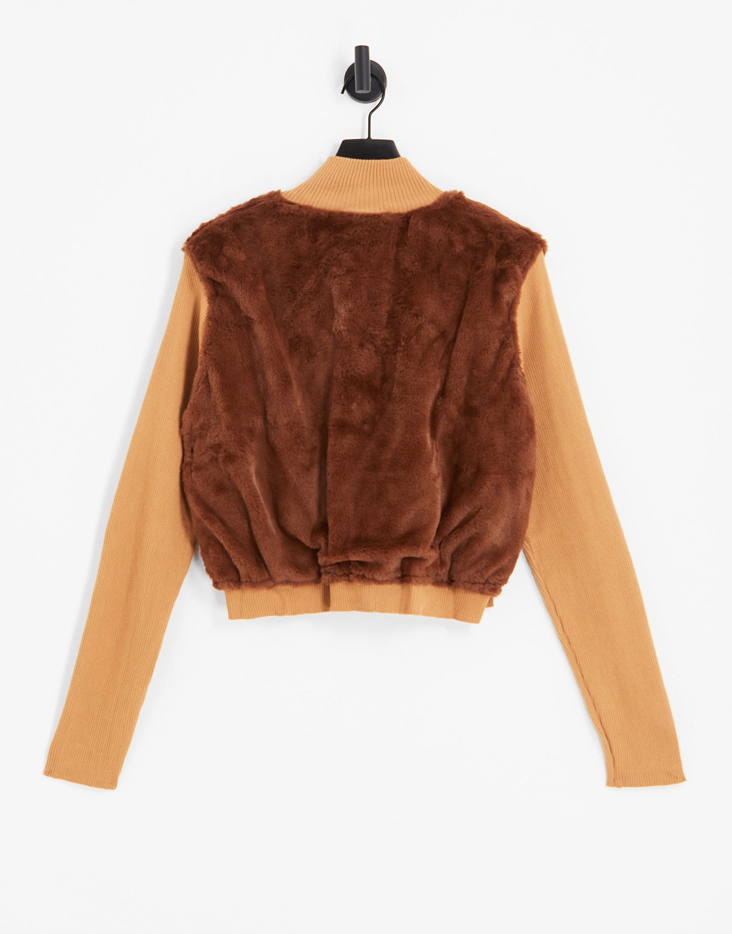 Daisy Street Plus y2k faux fur zip up jumper with rib knit sleeves in light brown