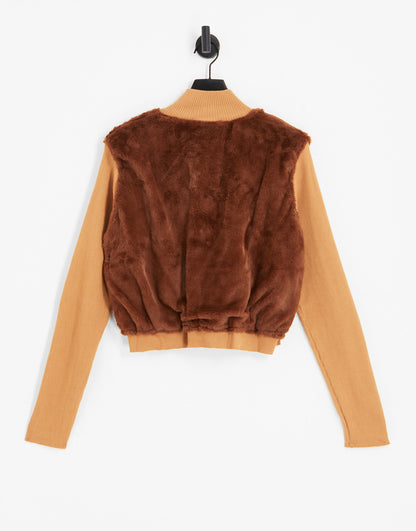 Daisy Street Plus y2k faux fur zip up jumper with rib knit sleeves in light brown