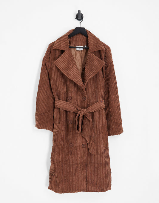 Daisy Street Plus midi corduroy coat with tie wrap waist in chocolate